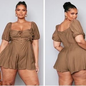 Prettylittlething  plus dark khaki texture lace up romper SZ 20